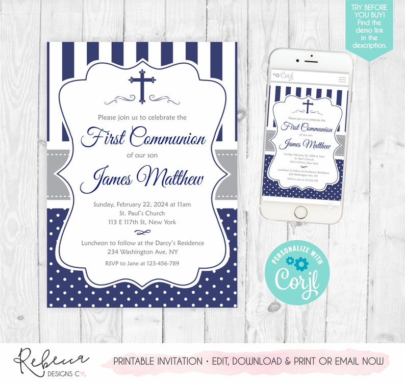 Boy First Communion Invitation First Communion Invite Navy Blue Invitation Boy Communion Invitation Baptism Invitation Printable 178 image 2
