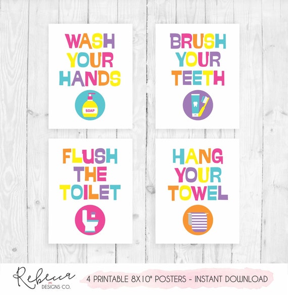 watercolor bathroom sign digital download Brush your teeth bathroom rules prints printable bathroom decor