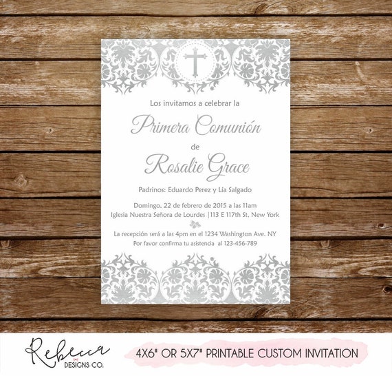 Invitacion de comunion plateada imprimible primera comunion invitacion