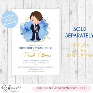 May include: A blue and gold watercolour invitation for a First Holy Communion. The invitation features a cartoon boy in a suit and a gold hexagon with a blue watercolour background. The text on the invitation reads "Please join us for the First Holy Communion of our son Noah Oliver" and includes the date, time, and location of the event. The invitation also includes the text "Sold Separately. Find link in the description."