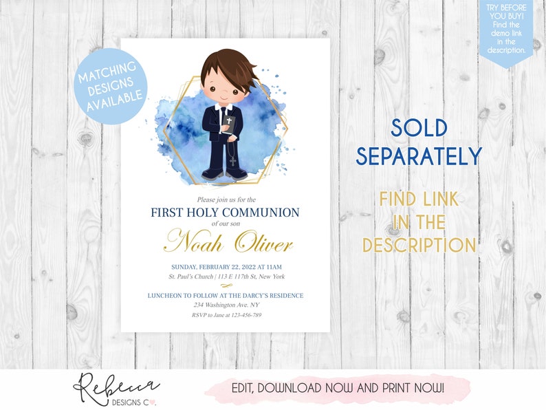 May include: A blue and gold watercolour invitation for a First Holy Communion. The invitation features a cartoon boy in a suit and a gold hexagon with a blue watercolour background. The text on the invitation reads "Please join us for the First Holy Communion of our son Noah Oliver" and includes the date, time, and location of the event. The invitation also includes the text "Sold Separately. Find link in the description."
