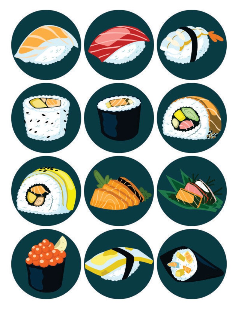 Sushi Cupcake Toppers Printable Sushi Party Toppers Birthday Etsy