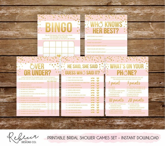 Bridal shower bundle bridal shower set games printable games pink and gold games bachelorette party activities bridal shower activities 251 Il_570xn