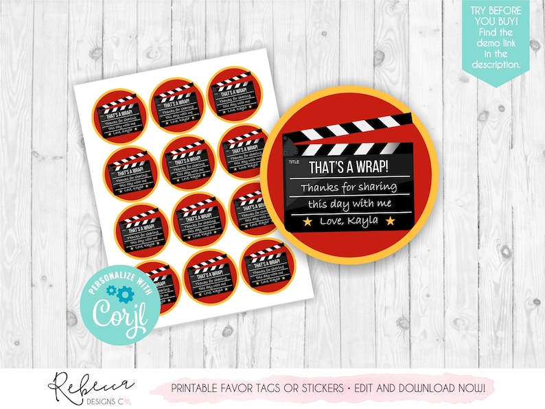 Dakspaan-tags Filmfeest gunstTags Rode loper-tags Afdrukbare filmavondstickers Popcorn-cadeaukaartjes Filmcadeaulabel dakspaan-taggunsten afbeelding 1