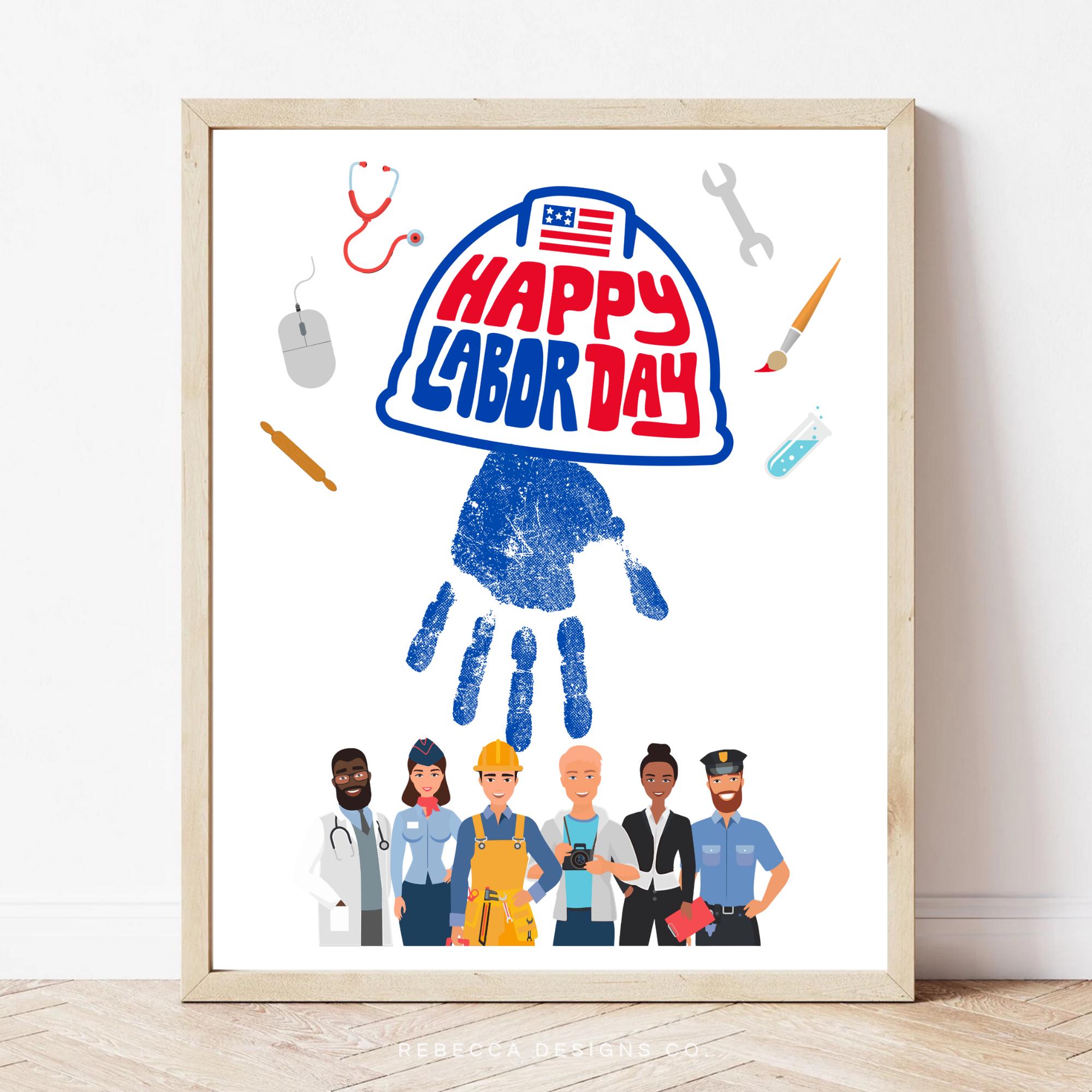 Lavoretto con le impronte delle mani per il Labor Day, lavoretto artistico con le impronte delle mani per il Labor Day, lavoretto scolastico, attività per l'asilo nido, bacheca dei ricordi per la scuola materna