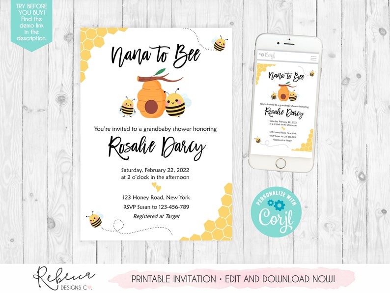 Grandmother Baby Shower Invite Template Nana to Bee Invitation Etsy