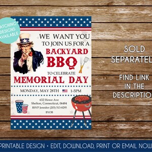 May include: A Memorial Day BBQ invitation featuring Uncle Sam. The design uses red, white, and blue colours and star patterns. Text includes "We want you to join us for a Backyard BBQ" and event details. Includes date, time, and location.
