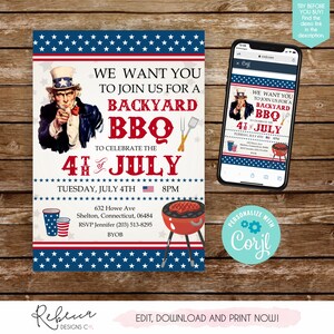 May include: A 4th of July BBQ invitation with Uncle Sam pointing, text reading "We Want You to Join Us". The design uses red, white, and blue colours, stars, and a barbecue grill illustration. A smartphone shows the invitation.