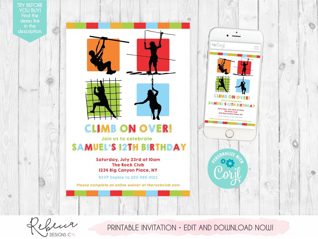 Obstacle Course Birthday Ropes Course Invitation Boy Zipline Invitation ...