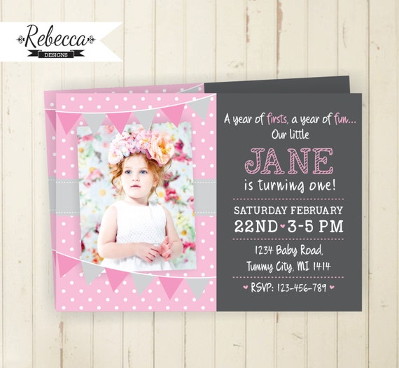 girl birthday invite pink birthday invite birthday invitation first birthday invitation pink and grey invitation chalkboard invitation baby Il_570xn