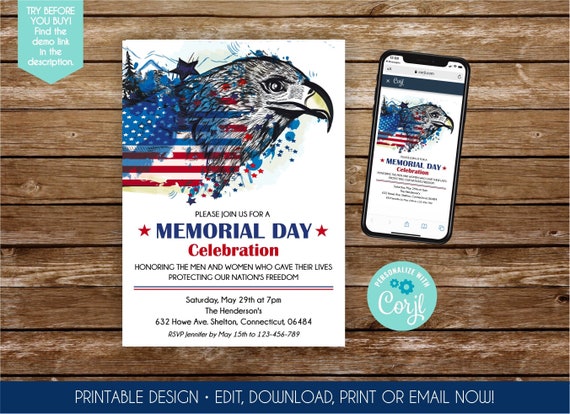 Air Force Memorial Day Invitation Printable Memorial Day Invitation Veterans Party Flyer Digital Invite Memorial Day Veterans Day Eagle 328 Il_570xn
