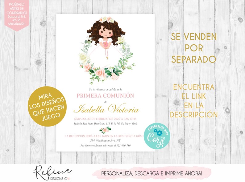 Invitacion de comunion niña imprimible fiesta primera comunion nina invitacion rosa first communion girl in spanish comunion en español image 4
