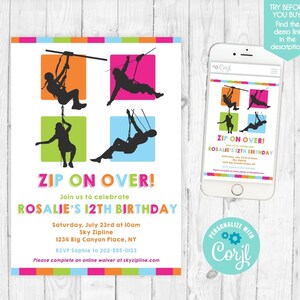 Zipline Invitation Girl Zipline Birthday Invitation Zip Line Party Invitation Girl Zip Line Birthday Ziplining Girl Adventure Birthday 303 image 2