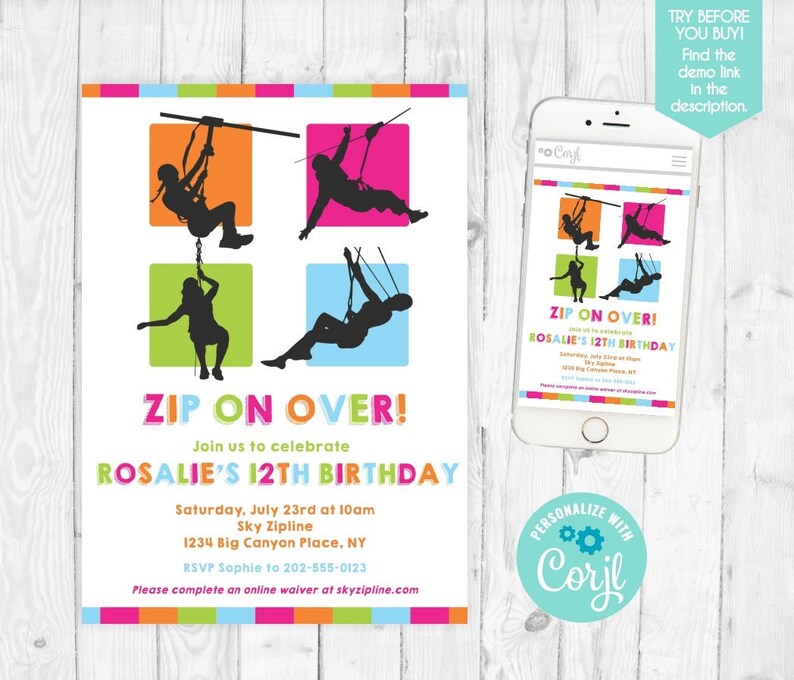 Zipline Invitation Girl Zipline Birthday Invitation Zip Line Party Invitation Girl Zip Line Birthday Ziplining Girl Adventure Birthday 303 image 2
