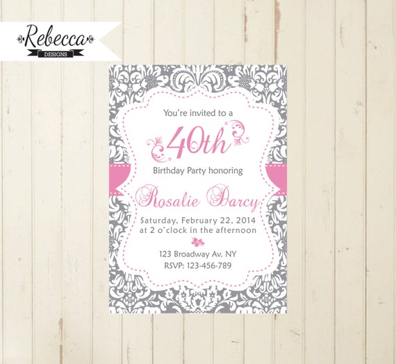 grey damask invitation pink damask invite damask birthday woman 21 30 birthday 40 birthday 50 birthday 60 birthday invite tea party invite Il_570xn