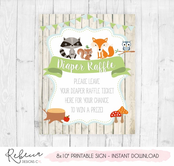 woodland diaper raffle sign printable sign woodland baby shower decor printable wood land diaper raffle tickets sign baby shower sign 191 by rebecca designs co catch my party