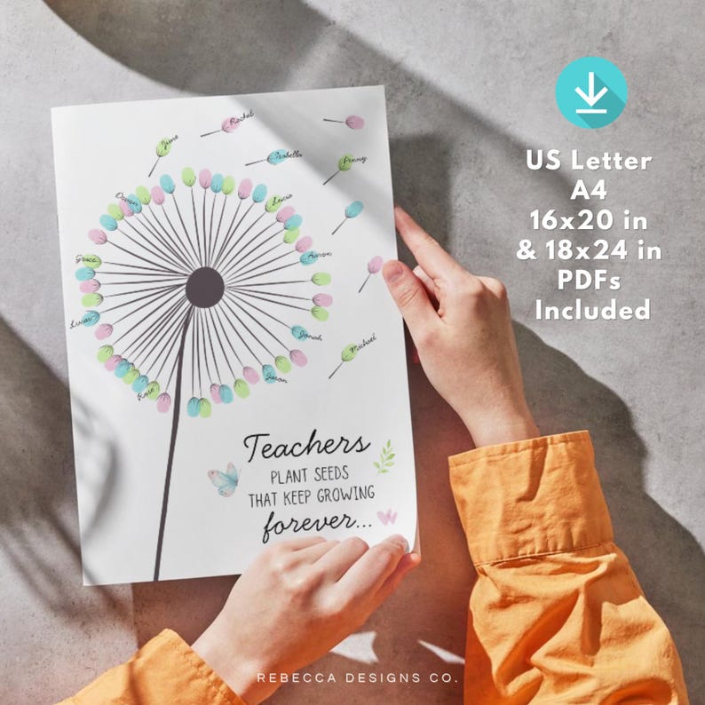 Teacher Appreciation Fingerprint Dandelion Gift Printable Dandelion ...