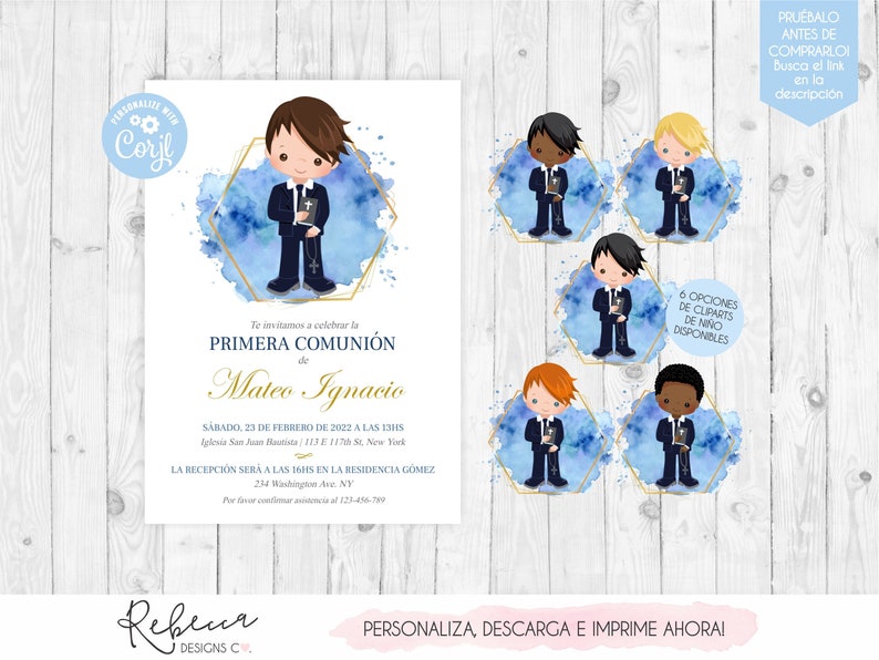 Invitacion de comunion niño azul editable primera comunion invitacion first communion boy in spanish comunion en español digital file 349 image 2