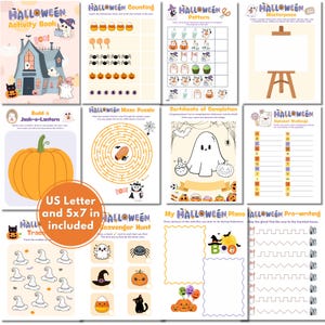 K&ouml;nnte beinhalten: Ein Halloween-Aktivit&auml;tsbuch mit Seiten zum Z&auml;hlen, Mustern, Labyrinthen und Zeichnen. Das Buch enth&auml;lt Illustrationen von K&uuml;rbissen, Geistern und anderen gruseligen Elementen. Der Text "US Letter and 5x7 in included" ist sichtbar.