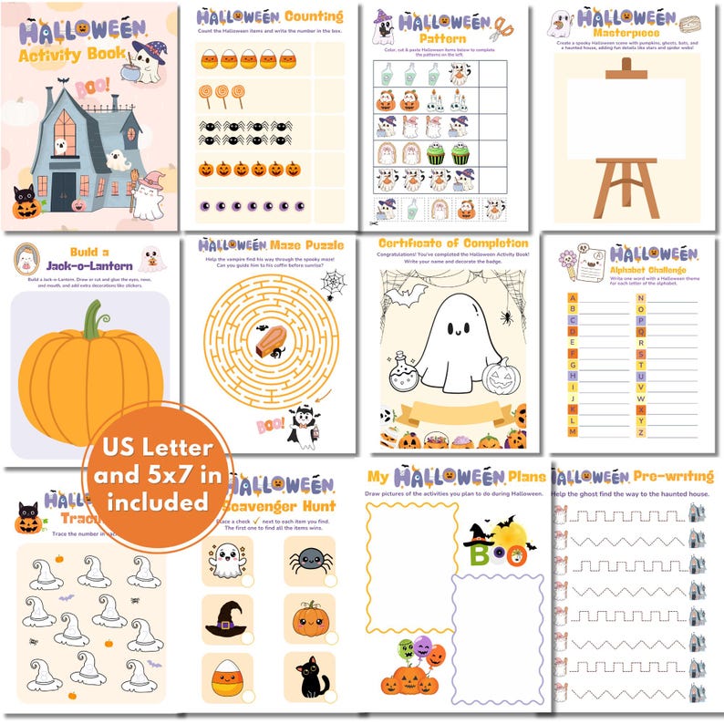K&ouml;nnte beinhalten: Ein Halloween-Aktivit&auml;tsbuch mit Seiten zum Z&auml;hlen, Mustern, Labyrinthen und Zeichnen. Das Buch enth&auml;lt Illustrationen von K&uuml;rbissen, Geistern und anderen gruseligen Elementen. Der Text "US Letter and 5x7 in included" ist sichtbar.