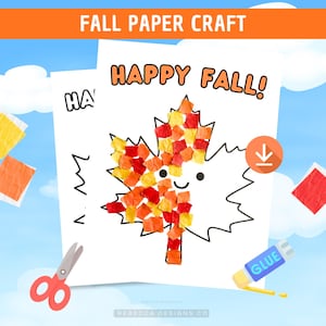 May include: A printable fall paper craft activity sheet featuring a large maple leaf outline with a smiling face. The leaf is partially filled with small, square pieces of red, orange, and yellow paper. The text reads HAPPY FALL! at the top.