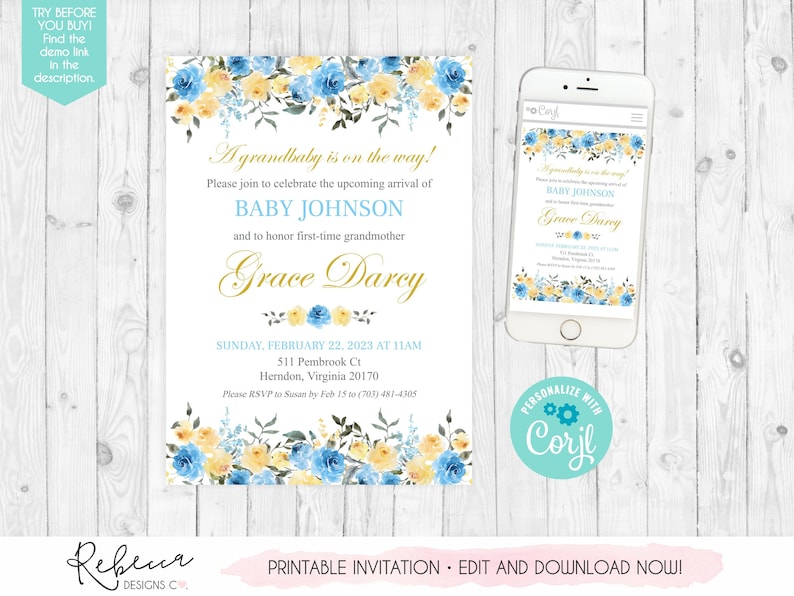 Grandparents baby shower invitation Grandmother baby shower template invitation digital grandma shower granchild shower invite grandson 337 image 1