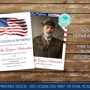 May include: A printable retirement invitation featuring a red, white and blue American flag design. The invitation includes a photo of a man in military uniform and the text "The Legend is Retiring!" and "Sgt. Grayson Richardson is retiring from the United States Air Force".