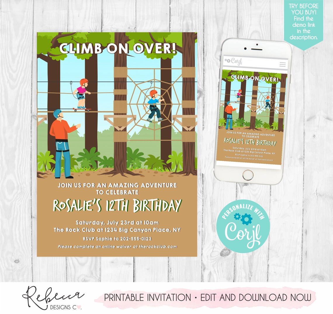 Obstacle Course Birthday Ropes Course Invitation Girl Zipline Invite ...