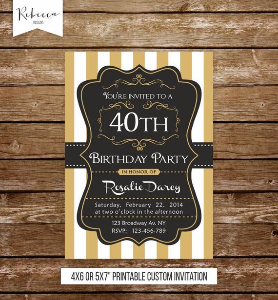 women birthday invite 21st birthday 30th birthday 40th birthday 50th birthday 60th birthday stripes invitation gold invitation Il_570xn