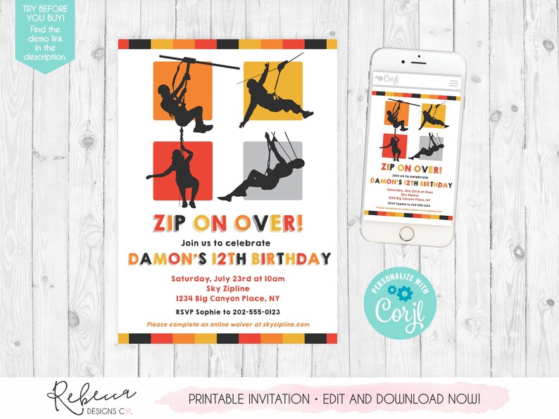 Peut inclure: Invitation imprimable pour une f&ecirc;te d'anniversaire de 12 ans sur le th&egrave;me de la tyrolienne. L'invitation pr&eacute;sente un design color&eacute; avec des silhouettes de personnes en tyrolienne. Le texte indique "Zip on Over! Damon's 12th Birthday".