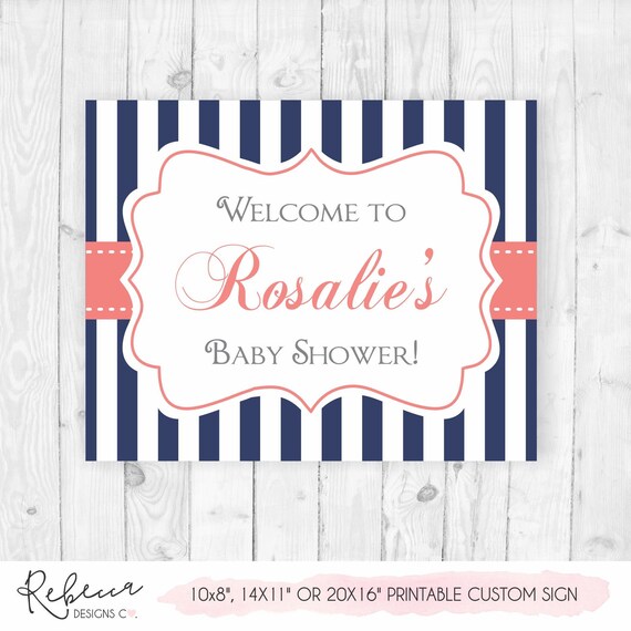 Welcome sign baby shower navy and coral welcome sign printable welcome sign navy baby shower decor coral coral girl baby shower decor 101 Il_570xn