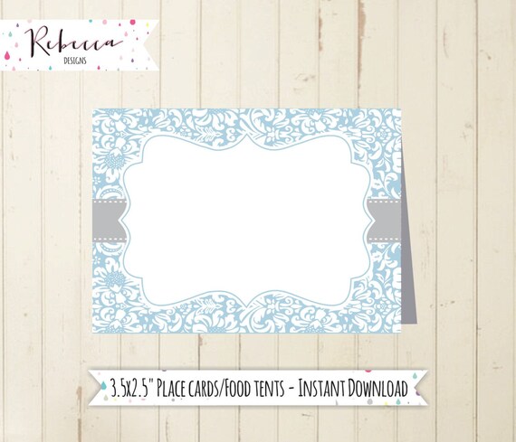 Blue food tents place cards blue boy baby shower food tents blank baby shower brunch printable coordinating item damask blue place card 164 Il_570xn