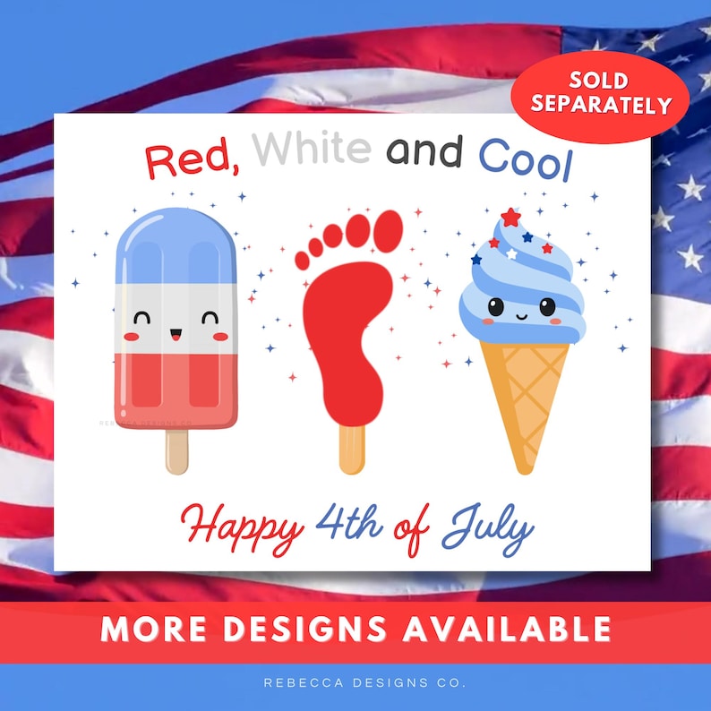 Op de afbeelding: Een wit rechthoekig bord met de tekst Red, White and Cool bovenaan en Happy 4th of July onderaan. Het ontwerp bevat een rood, wit en blauw ijsje, een rode voetafdruk en een blauw softijsje in een hoorntje met kleine sterretjes als versiering.