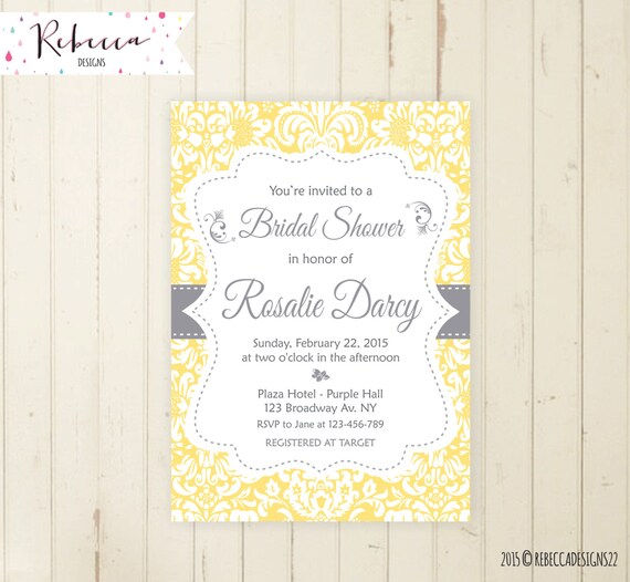Bridal shower invitation yellow and grey bridal shower printable invite damask bridal shower elegant tea party brunch invitation yellow 126 Il_570xn