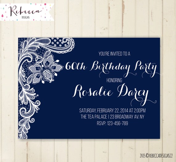 navy birthday invitation woman 21st birthday 30th birthday 40th birthday 50th birthday 60th birthday lace invitation elegant navy invite 273 Il_570xn