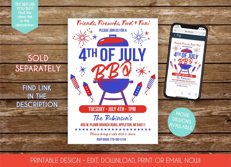 May include: A red, white, and blue 4th of July BBQ invitation with fireworks and a grill graphic. The invitation includes the text "Friends, Fireworks, Food & Fun!" and event details. A smartphone displays the invitation.