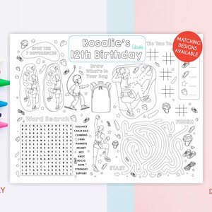 Peut inclure: Une feuille d'activit&eacute;s imprimable en noir et blanc pour une f&ecirc;te d'anniversaire de 12 ans sur le th&egrave;me de l'escalade. La feuille comprend une recherche de mots, un jeu de diff&eacute;rences, un jeu de morpion, un labyrinthe et une activit&eacute; "dessine ce qu'il y a dans ton sac". La feuille est intitul&eacute;e "Rosalie's 12th Birthday".