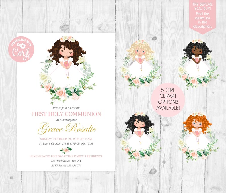 First Holy Communion Invitation for Girls First Communion Invite Girl ...