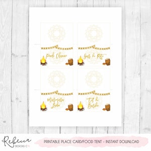 May include: Printable place card/food tent with four sections. Each section has a gold banner, text, a bonfire illustration, and a drum illustration. The text includes "Pindi Channe", "Gur le Rote", "Murmura Ladoo", and "Til le Barfee".