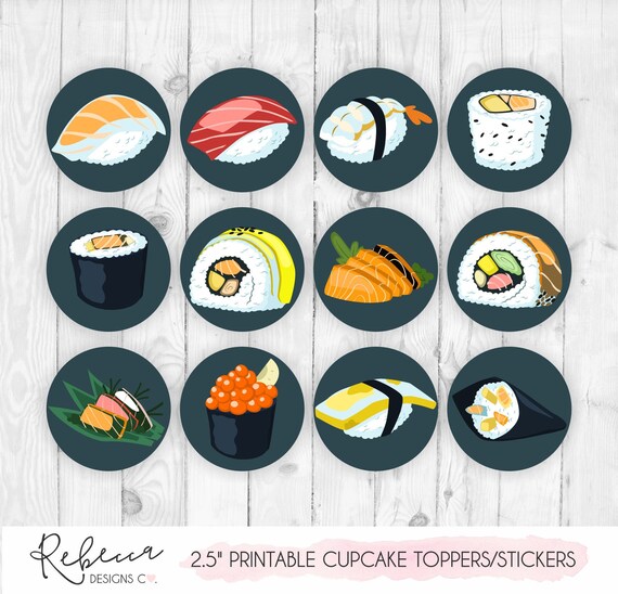 Sushi cupcake toppers printable sushi party toppers birthday toppers japanese cupcake toppers sushi topper sushi birthday stickers 224 Il_570xn