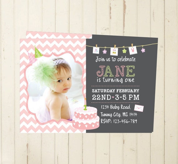 Girl birthday invitation first baby girl pink birthday invitation chalkboard invitation one year party digital printable Il_570xn