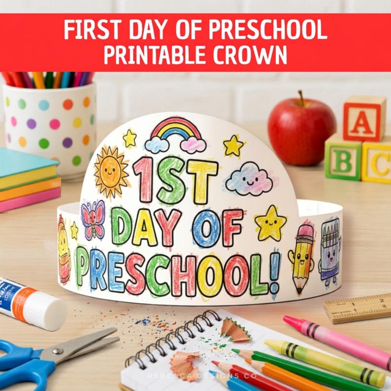 Op de afbeelding: Een witte papieren kroon met de kleurrijke tekst 1ST DAY OF PRESCHOOL!, versierd met illustraties van een regenboog, zon, wolk, vlinder, sterren, potlood en krijtje. De kroon staat op een oppervlak met diverse schoolbenodigdheden.