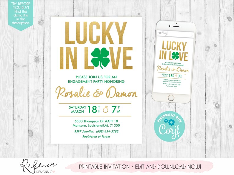 May include: A white engagement party invitation featuring the gold text LUCKY IN LOVE with a green four-leaf clover replacing the letter O. The invitation includes details for Rosalie and Damon on Saturday, March 18th at 7 PM, displayed on a smartphone.