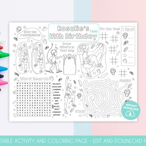 Rock Climbing Activity and Coloring Page Editable Ropes Course Birthday Game Printable Obstacle ...