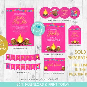 May include: A set of printable party decorations for a Lohri celebration. The decorations include a welcome sign, invitation, favour tags, food tent place cards, and bunting flags. The decorations are pink with gold accents and feature a bonfire, drums, and the text "Happy Lohri".