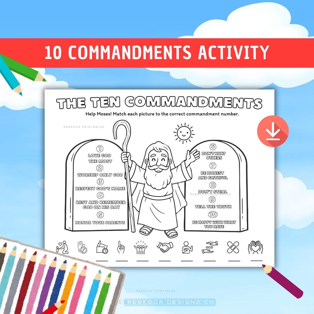 Ten Commandments Activity for Kids Coloring Page Printable Bible Lesson ...