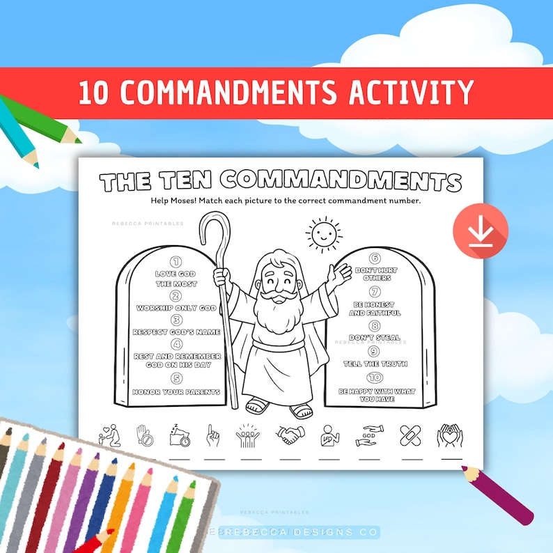 Ten Commandments Activity for Kids Coloring Page Printable Bible Lesson ...