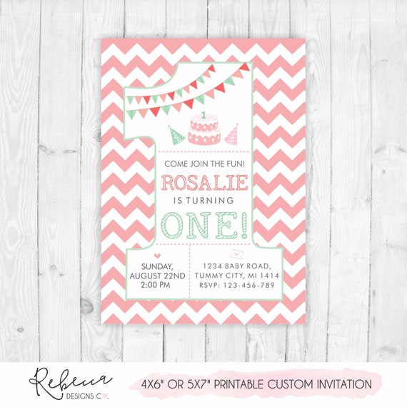 Girl birthday invitation printable girl first birthday invitation number girl pink invitation pink and mint number one 1st birthday girl Il_570xn