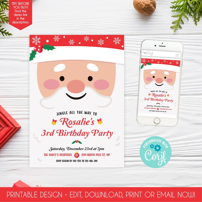 Christmas Santa Invitation Template Christmas Invite For Kids Christmas Birthday Party Photo With Santa Flyer Cookies Santa Event Invite 135 image 2