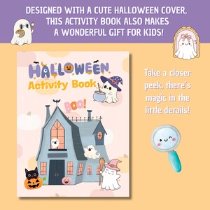 K&ouml;nnte beinhalten: Ein Halloween-Aktivit&auml;tsbuch mit einem Cartoon-Geisterhaus, Geistern und K&uuml;rbissen. Auf dem Cover steht "Halloween Activity Book" mit dem Wort "BOO!" in der Mitte. Der Text oben lautet: "Entworfen mit einem niedlichen Halloween-Cover, ist dieses Aktivit&auml;tsbuch auch ein wunderbares Geschenk f&uuml;r Kinder!"
